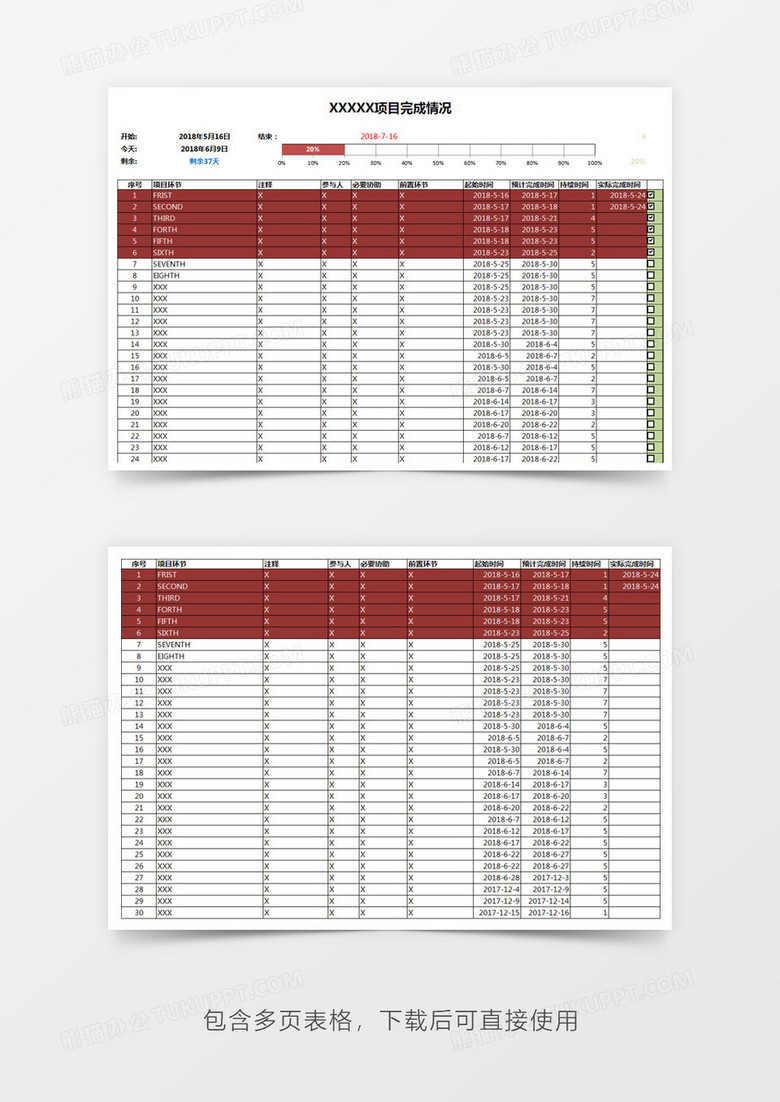 红色系项目进度管理系统Excel模板下载-86资源网