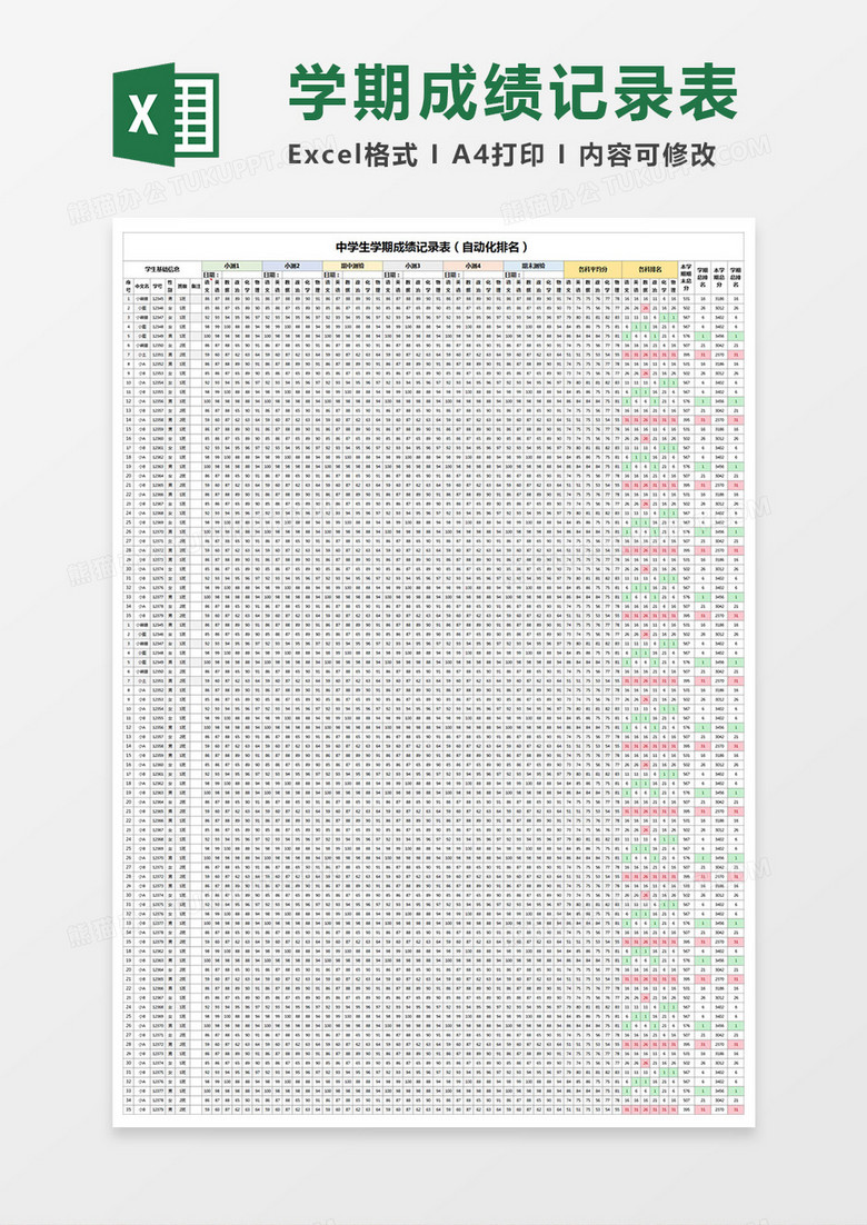 学期成绩记录表自动化排名Excel模板下载-86资源网
