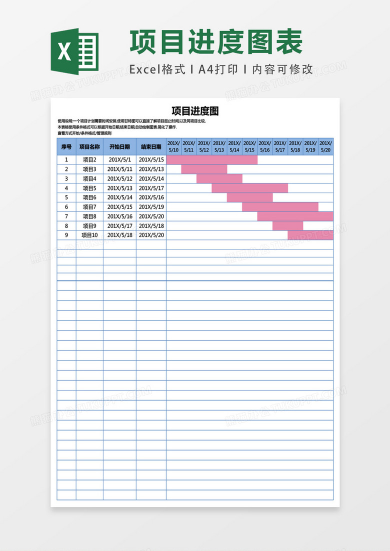 项目进度完成情况图表Excel模板下载-86资源网