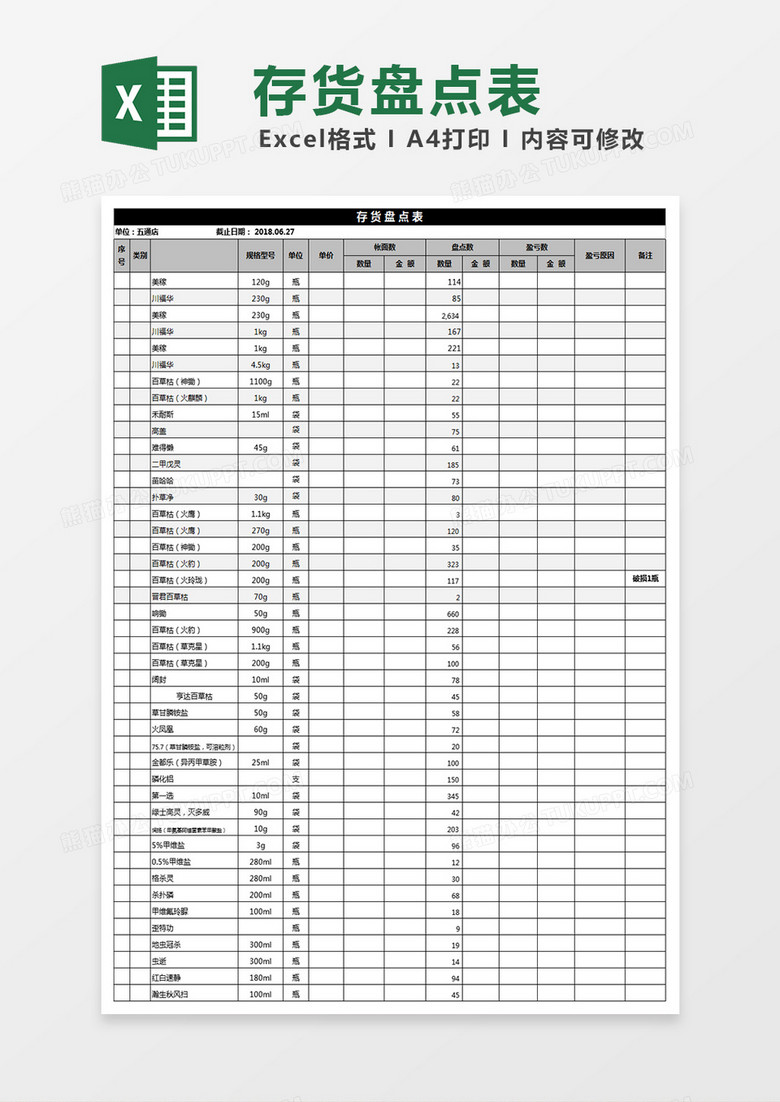 商品存货盘点表Excel模板下载-86资源网
