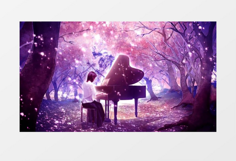 梦幻唯美樱花树下美女弹奏钢琴有音乐背景视频
